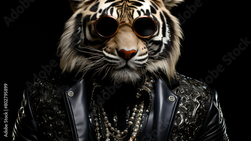 A tiger wearing sunglasses and a leather jacket