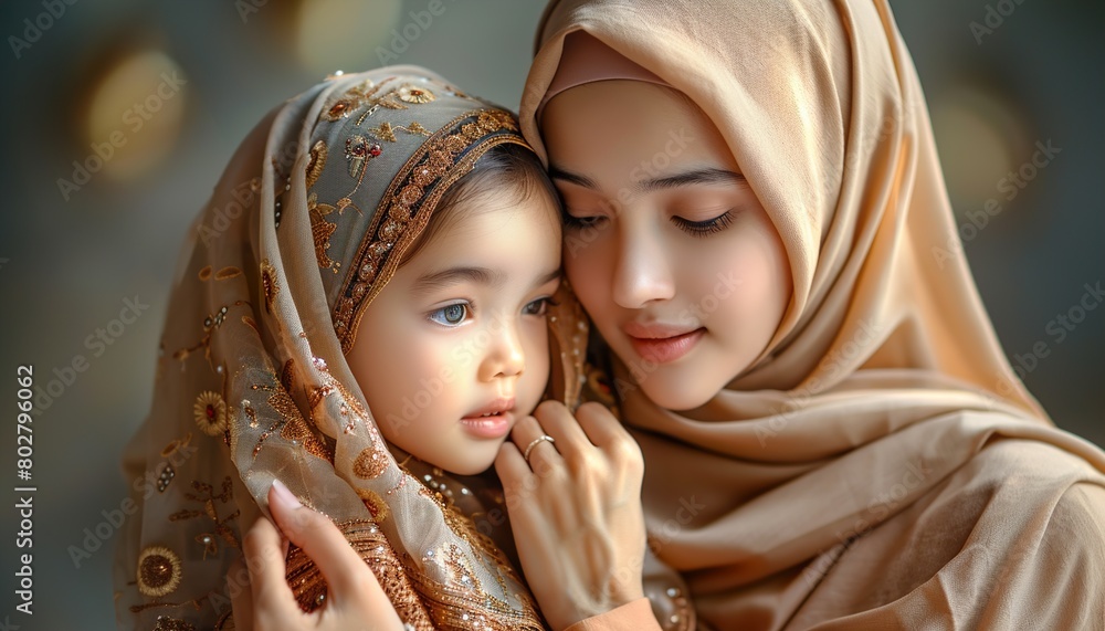 Muslim mother putting on a hijab on her little daughter Muslim mother putting on a hijab on her little daughter