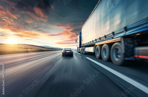 A truck and car driving on a highway road, captured in motion, depicting speed and movement in transportation