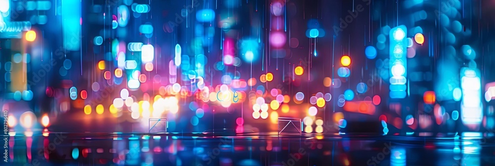 colorful lights illuminate a cityscape, with a towering skyscraper in the distance and a river flow colorful lights illuminate a cityscape, with a towering skyscraper in the distance and a river flow