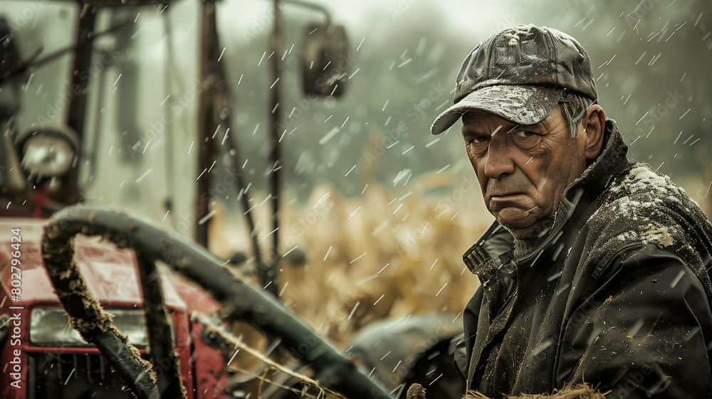 Obraz premium Realistic photo, stock photography capturing the resilience of a farmer as he continues to work the land despite adverse weather conditions. Ai generated