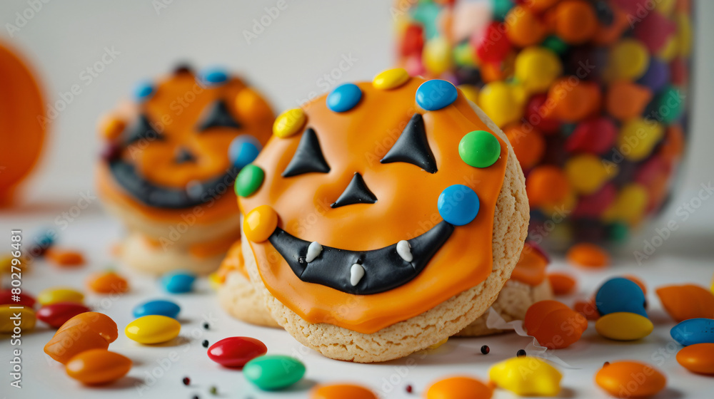 Tasty cookies with scary candies for Halloween celebra