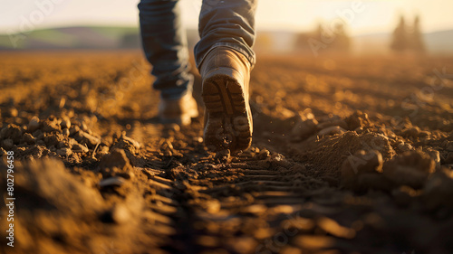 Realistic photo, stock photography focusing on the footprints left behind by a determined farmer as he walks across the freshly tilled soil. Ai generated photo