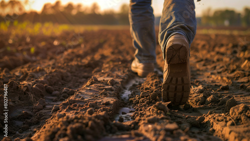 Realistic photo, stock photography focusing on the footprints left behind by a determined farmer as he walks across the freshly tilled soil. Ai generated