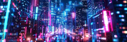 a futuristic cityscape featuring a towering skyscraper  a bustling street  and a bustling river