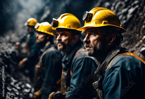 Caucasian miners working underground in a coal mine photo