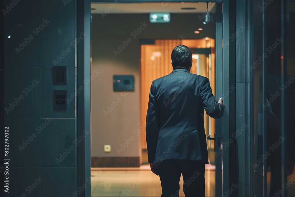 Businessman closing the door to an office, signaling the end of his last workday, a symbolic moment of exit and closure Businessman closing the door to an office, signaling the end of his last workday, a symbolic moment of exit and closure