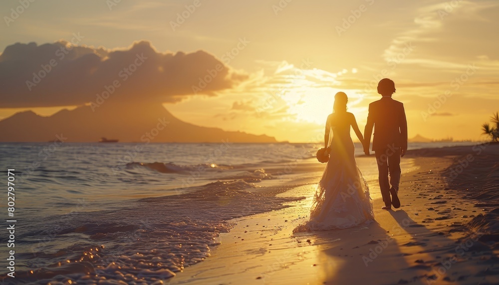 Newlywed couple walking on beach at sunset  romantic silhouettes against golden sunlit background