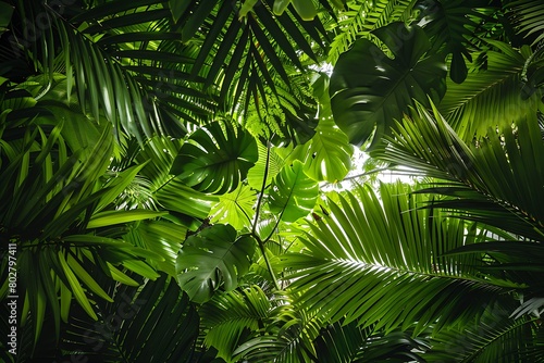 A lush rainforest with a canopy of vibrant green leaves.