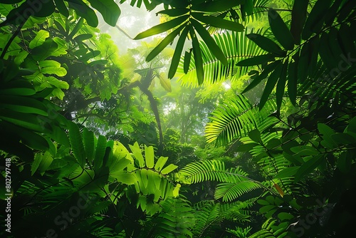 A lush rainforest with a canopy of vibrant green leaves.