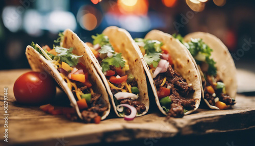 Delicious Mexican tacos with beef and vegetables at street restaurant

 photo