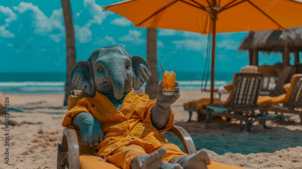 A elefant in human clothes lies on a sunbathe on the beach, on a sun lounger, under a bright sun umbrella, drinks a mojito with ice from a glass glass with a straw, smiles, summer tones, bright rich c
