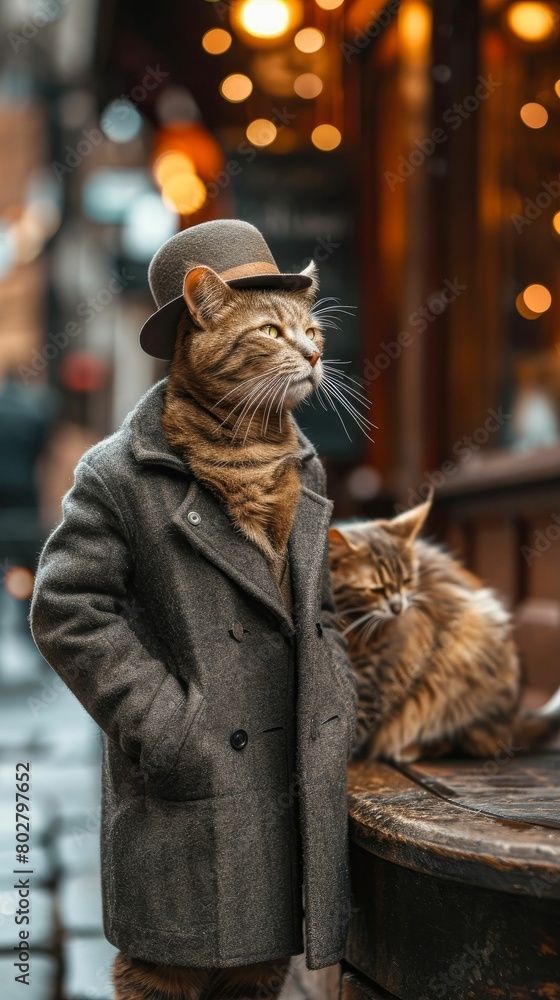 Sleek cat struts with feline grace in a tailored ensemble, embodying street style. The realistic urban backdrop captures the essence of chic sophistication, blending whiskered charm with contemporary 