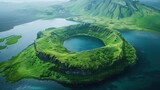Aerial View of a Vibrant Green Volcanic Crater Lake