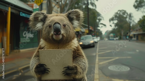 Cute koala holding a blank white sign