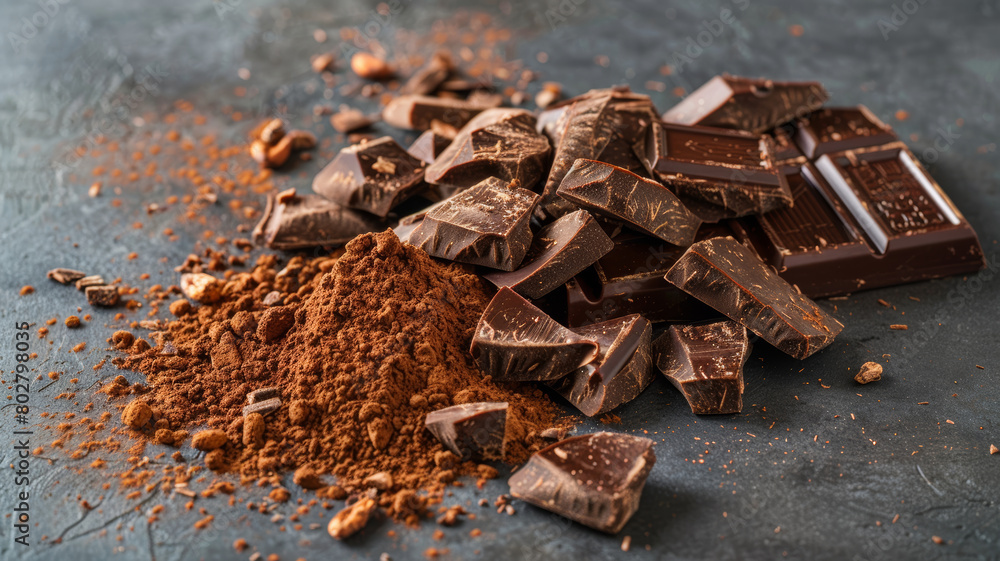 Dark Chocolate Chunks and Cacao Powder on Table Dark Chocolate Chunks and Cacao Powder on Table