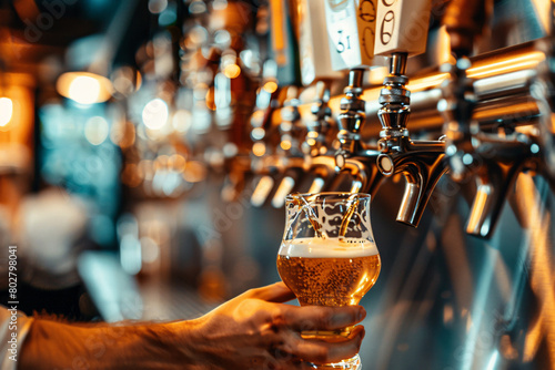 bartender pouring beer into a glass from a tap photo