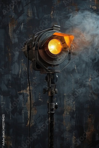 A vintage theater spotlight, angled downwards and to the right, casts a warm glow on a black background.