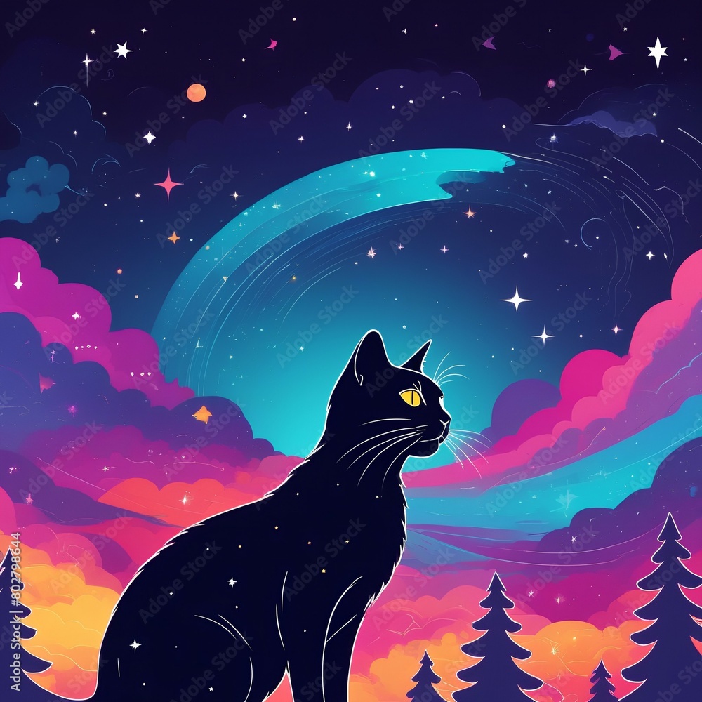 Naklejka premium Abstract illustration with A mystical Night wild forest landscape. Black Cat and Full Moon under Night Sky