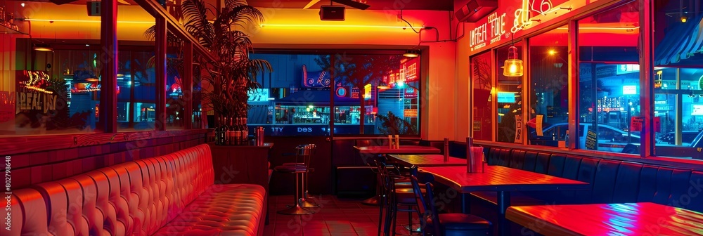 a neon - lit restaurant with a red bar and wood table, featuring a red stool and a red sign, set ag a neon - lit restaurant with a red bar and wood table, featuring a red stool and a red sign, set ag