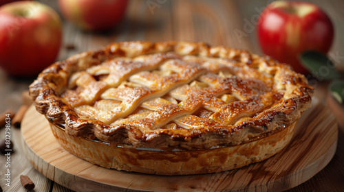 Tasty homemade apple pie on wooden board closeup