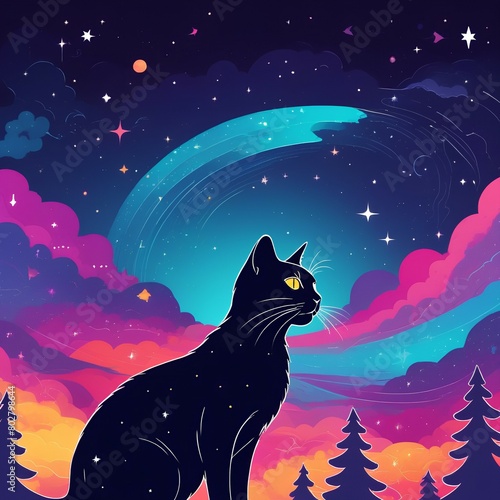 Abstract illustration with A mystical Night wild forest landscape. Black Cat and Full Moon under Night Sky