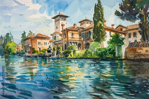 Serene watercolor painting of a river with buildings in the background. Ideal for travel brochures or real estate websites
