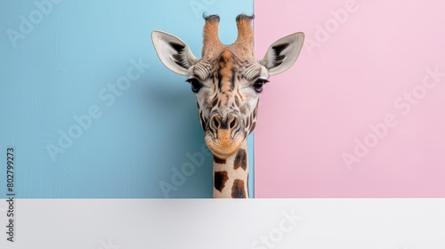 Cute giraffe holding blank white sign