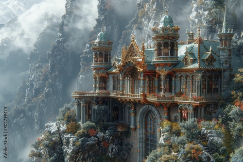 Amidst towering peaks, mystical dragons protect ancient tomes in a floating library adorned with ornate balconies.