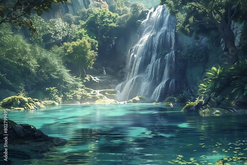 A majestic waterfall cascading into a crystal-clear lagoon.