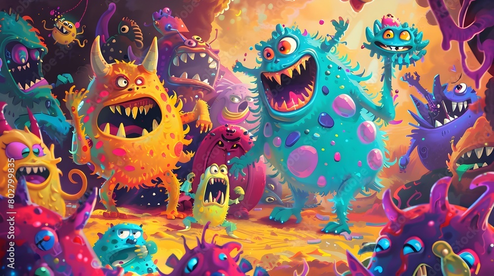 Colorful and Quirky Cartoon Monsters in a Humorous and Vibrant Scene