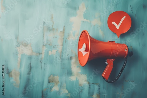 A megaphone shaped like a bullhorn with a speech bubble with a checkmark. photo