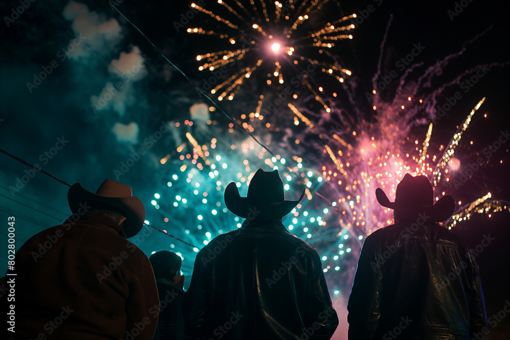 Firework Display Above Spectators in Cowboy Hats
