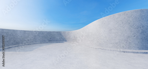 Cloudy blue sky. Concrete wall design with empty concrete space. Parking lot with concrete floor. Empty wide space for mockup. Abstract minimal architectural background. 3D rendering.