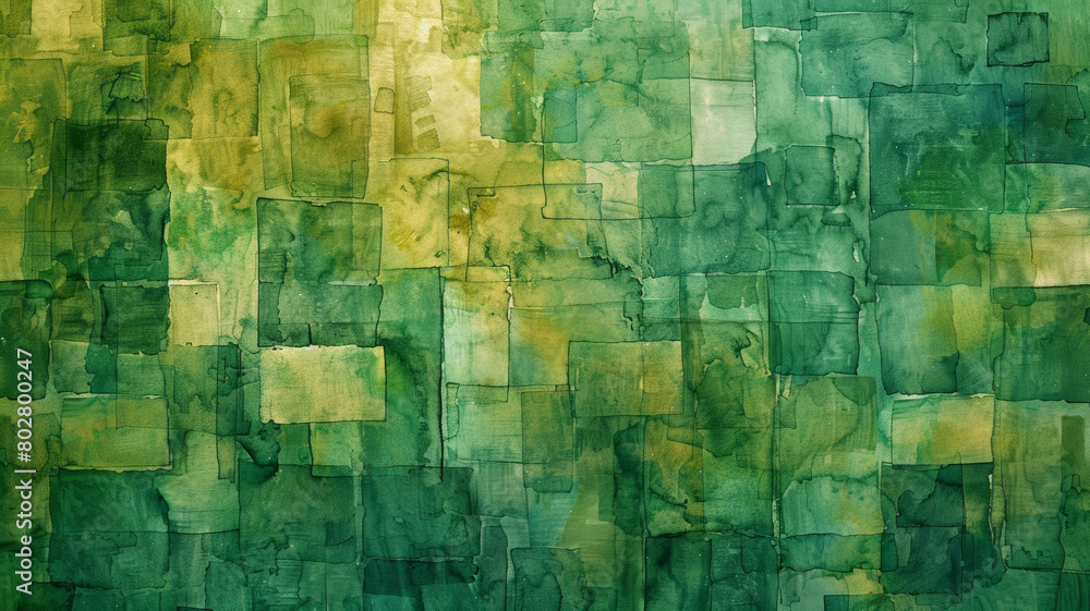 Obraz premium Asian-inspired Watercolor Texture, Aerial View of Green & Brown Square Pattern