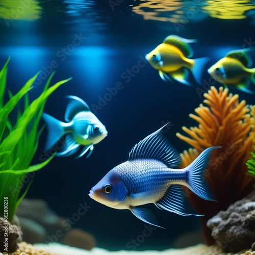 A green beautiful planted tropical freshwater aquarium with fishes.Freshwater aquarium fish  The Sail-fin molly   Poecilia velifera    gold  white  silver and dalmatin mutation