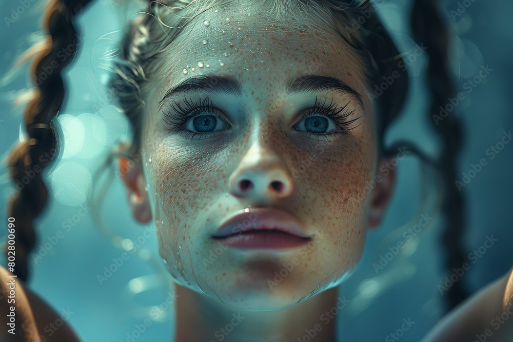 Gymnast executing a flawless routine on the balance beam .a close up of a woman s face in the water Gymnast executing a flawless routine on the balance beam .a close up of a woman s face in the water