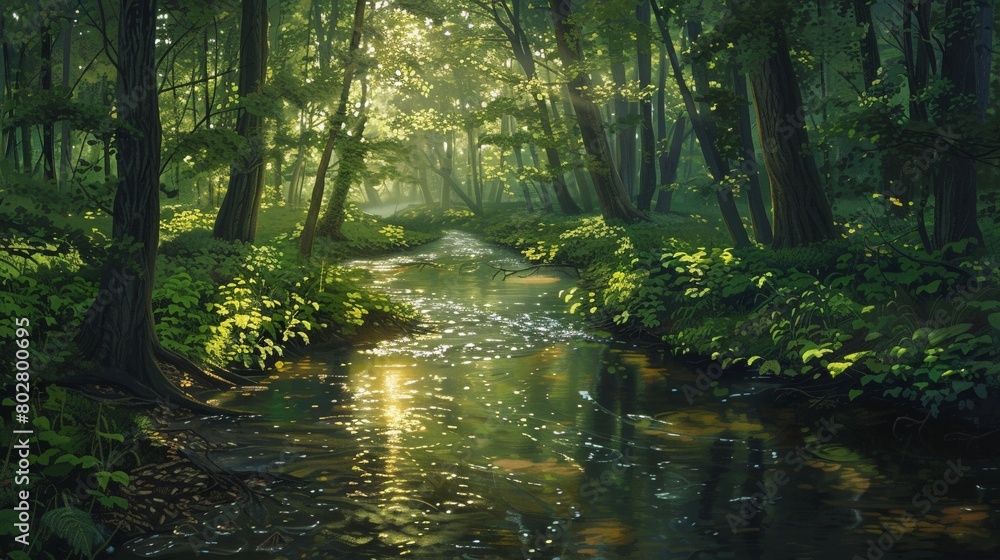 Peaceful stream winding through a green forest, sunlight filtering through leaves, casting dappled reflections on the water