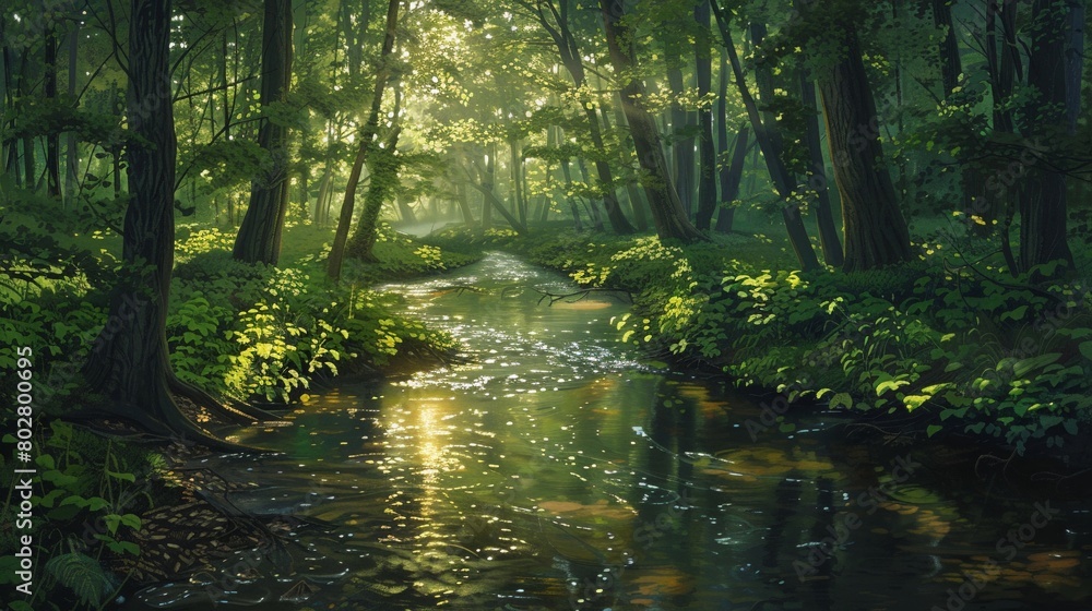 Peaceful stream winding through a green forest, sunlight filtering through leaves, casting dappled reflections on the water Peaceful stream winding through a green forest, sunlight filtering through leaves, casting dappled reflections on the water
