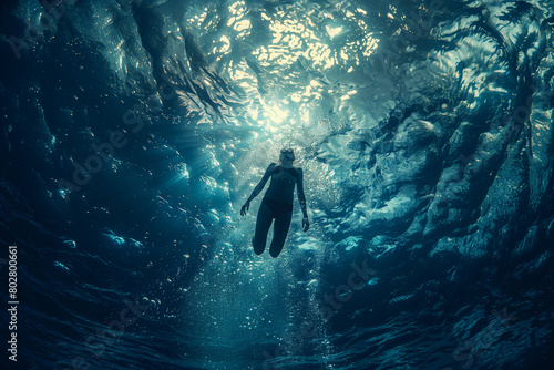 Diver mid-air, executing a graceful dive with perfect form .Swimming underwater with sunlight streaming through the electric blue water photo