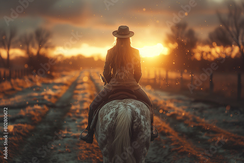 Equestrian rider guiding their horse through a challenging course with skill and precision.Woman riding horse through natural landscape at sunset © ivlianna