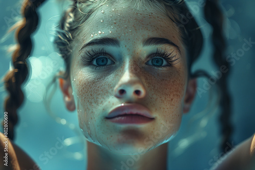 Gymnast executing a flawless routine on the balance beam .a close up of a woman s face in the water photo