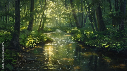 Peaceful stream winding through a green forest, sunlight filtering through leaves, casting dappled reflections on the water © Jenjira