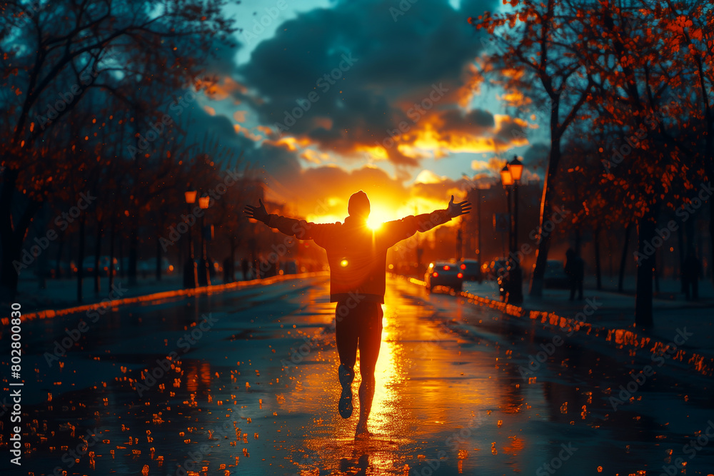 Sprinter crossing the finish line with outstretched arms in triumph .a man is running down a wet street with his arms outstretched at sunset