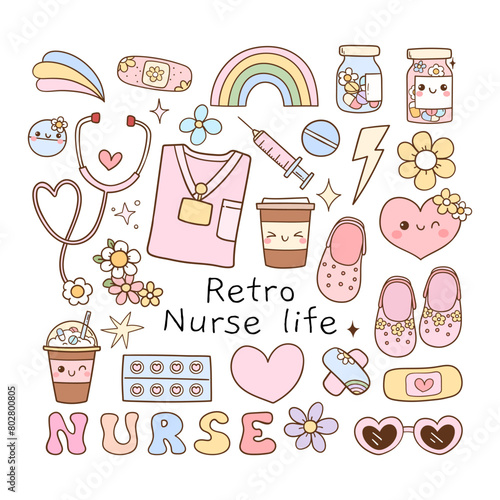 Draw vector illustration element retro nurse life Groovy pink nurse day Doodle cartoon style
