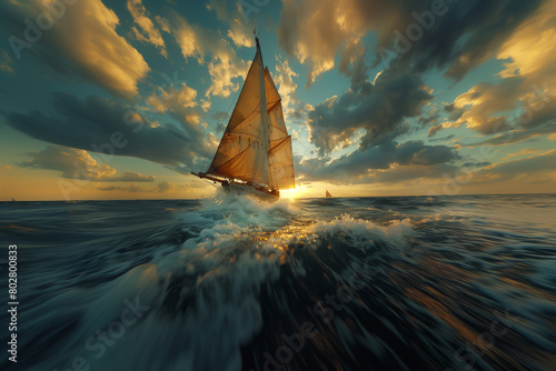Sailing team working together to trim the sails and catch the wind .Sailboat gliding on water under sunset sky, a natural landscape painting photo