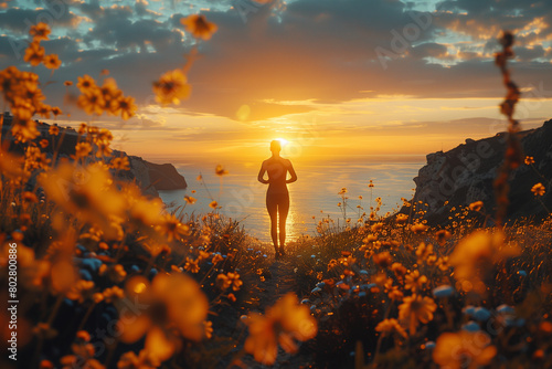 Triathlete completing the final leg of the race, exhausted but determined .Man surrounded by flowers in field at sunset under colorful sky