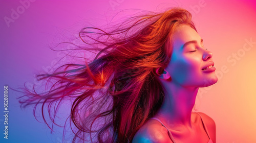 A woman joyfully watches as her hair flows in the wind  creating a dynamic and vibrant scene