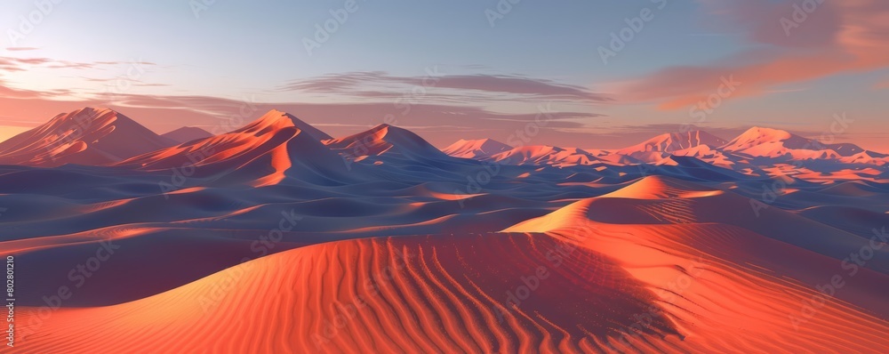A vast and beautiful desert landscape with rolling sand dunes, rugged mountains, and a setting sun. The warm colors of the sunset create a peaceful and serene scene.