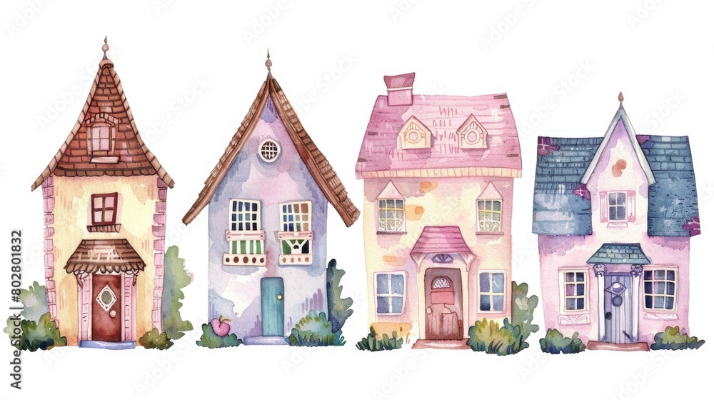 Watercolor illustration of colorful houses, perfect for real estate concepts